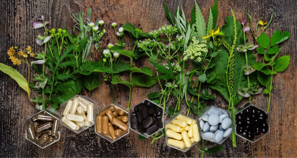 Fleurs, plantes et récipients contenant des gélules et comprimés de compléments alimentaires sur un fond en bois pour médecine fonctionnelle holistique